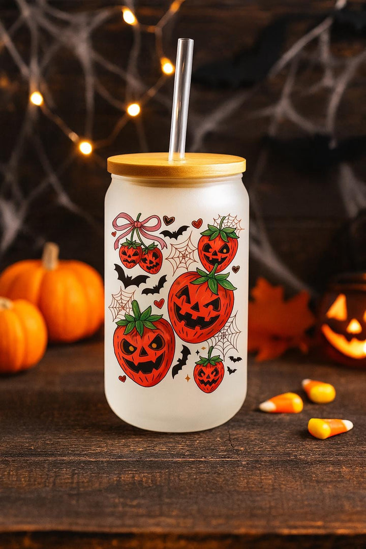 Strawberry Jack-O'-Lantern Iced Coffee Tumbler, Cute Halloween Gift
