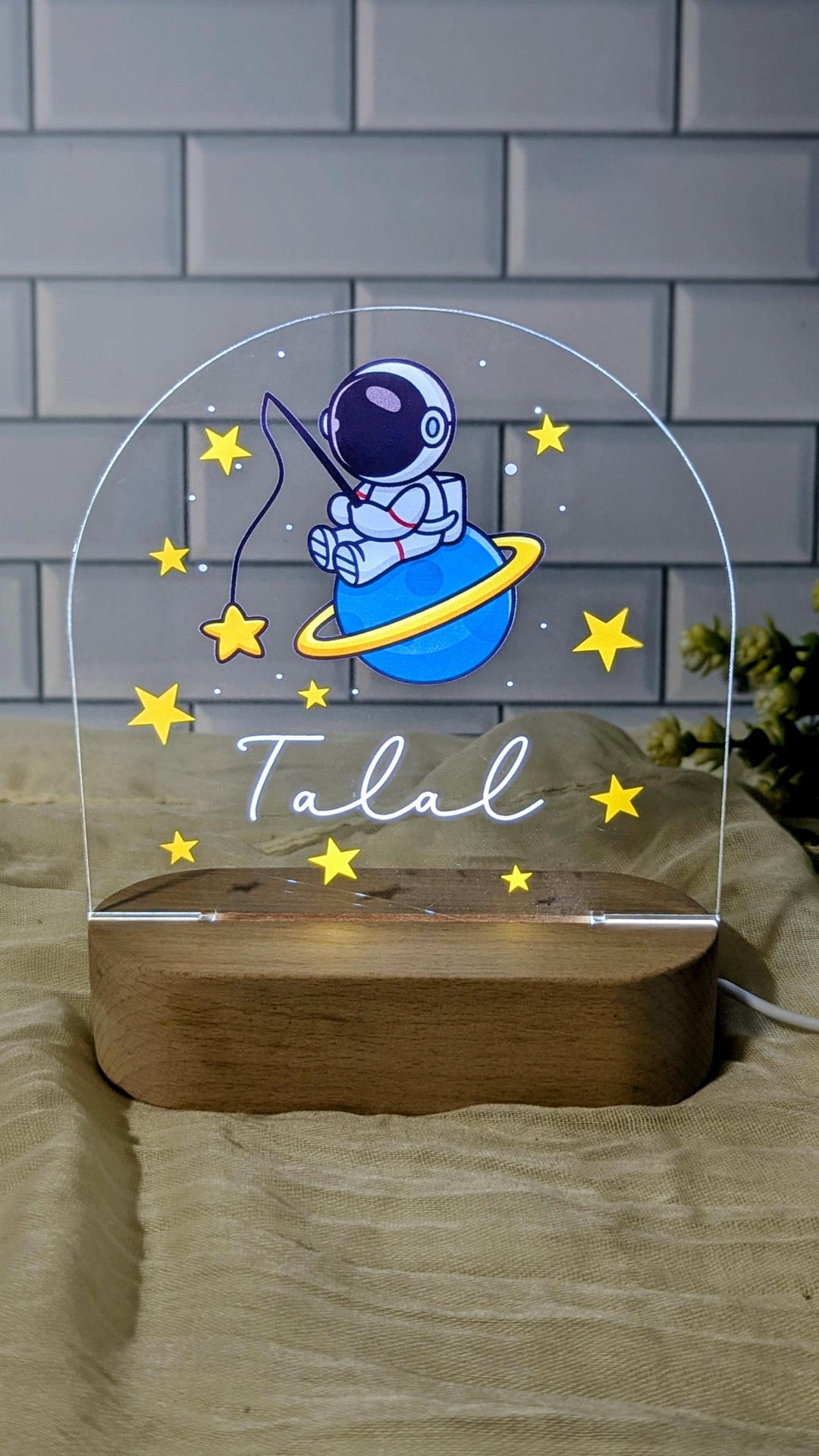 Nursery Space Decor Boy Astronaut Custom Name LED Light