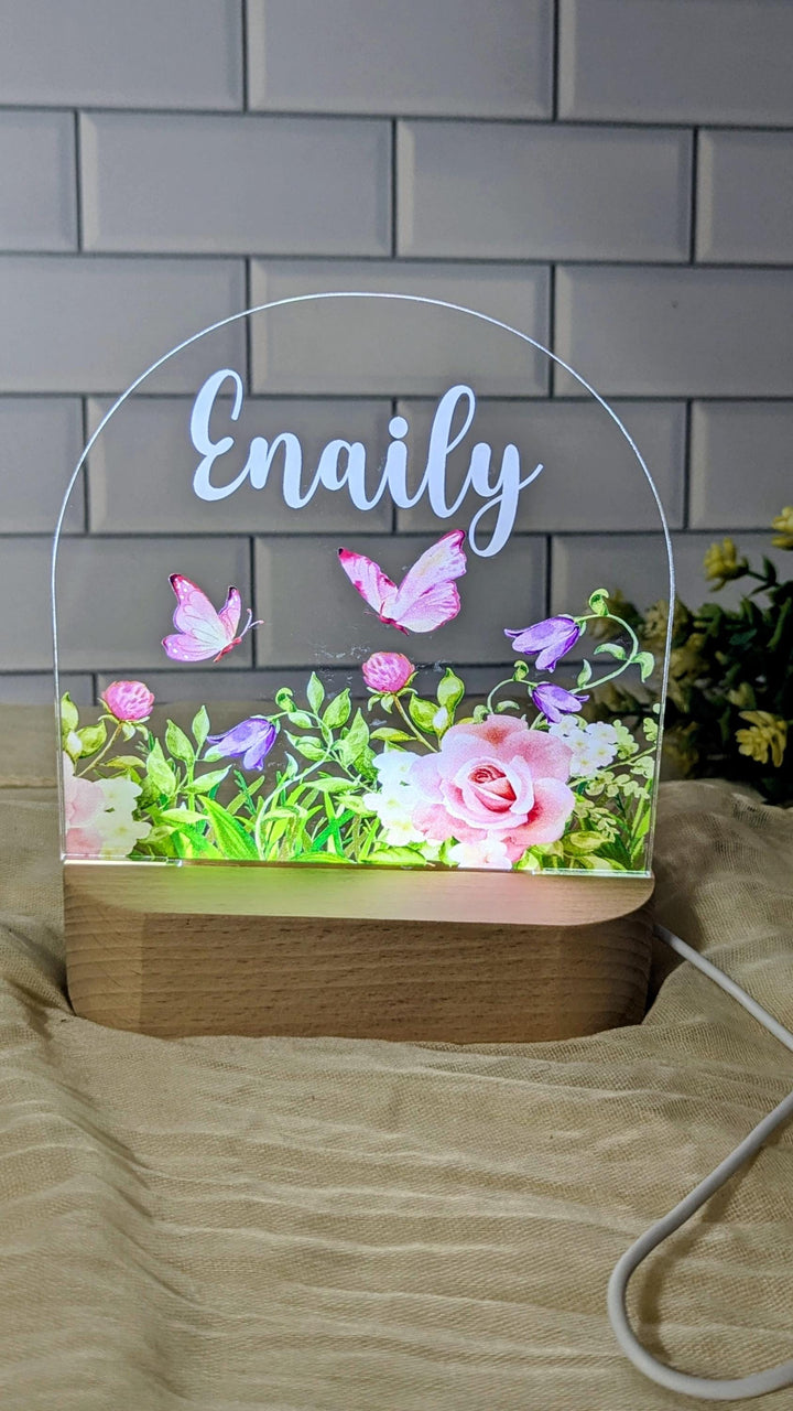 Personalized Baby Night Light – Custom Name, Flowers & Butterflies