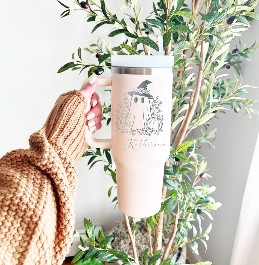 Personalized Halloween Ghost Tumbler: Witch Hat, Flowers &amp; Pumpkins