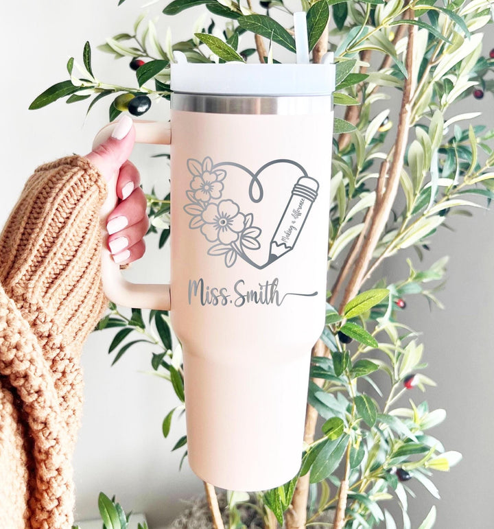 Personalized Teacher Tumbler: Floral Pencil Design, Stainless Steel Travel Mug