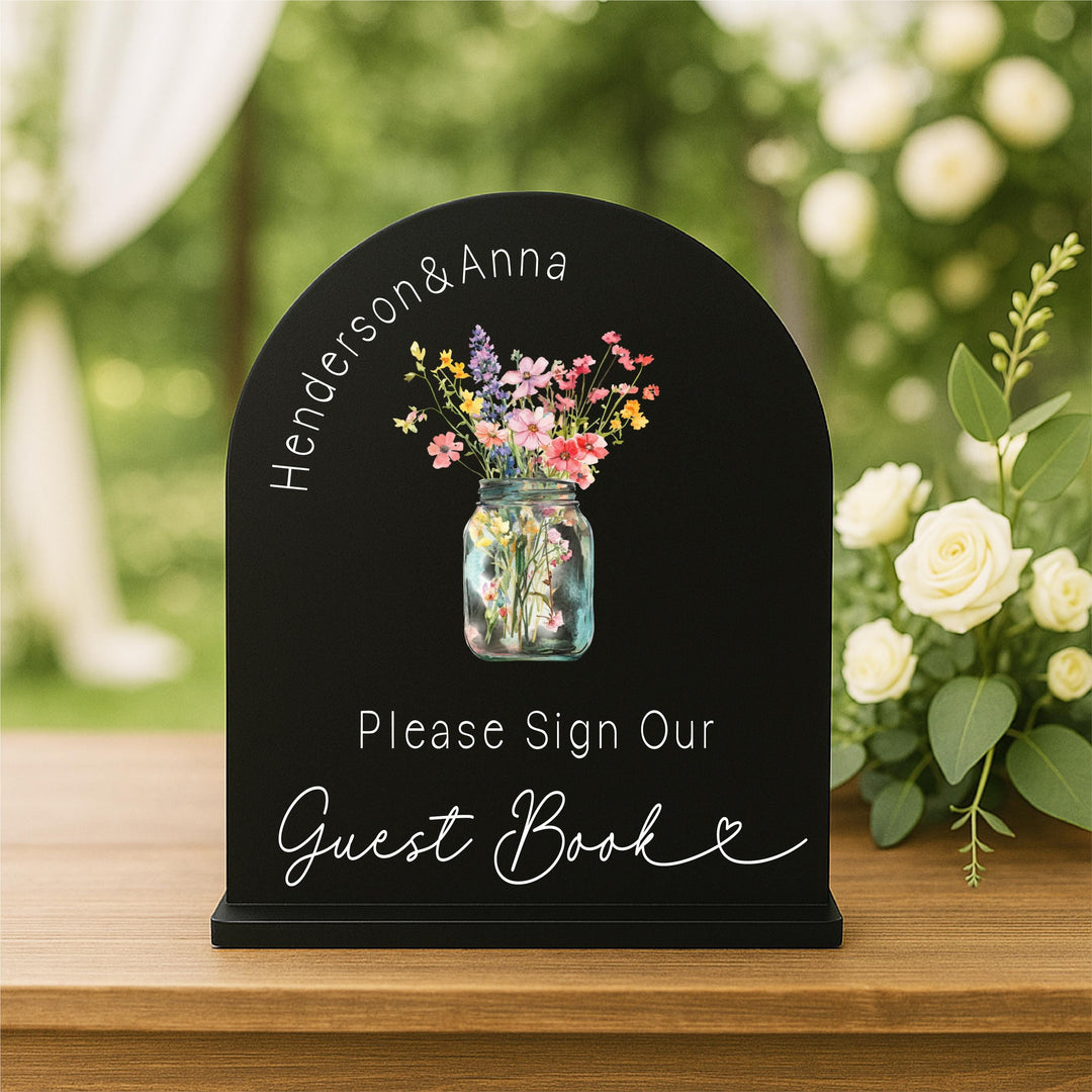 Personalized Wedding Guest Book Sign: Floral Arch Acrylic Decor