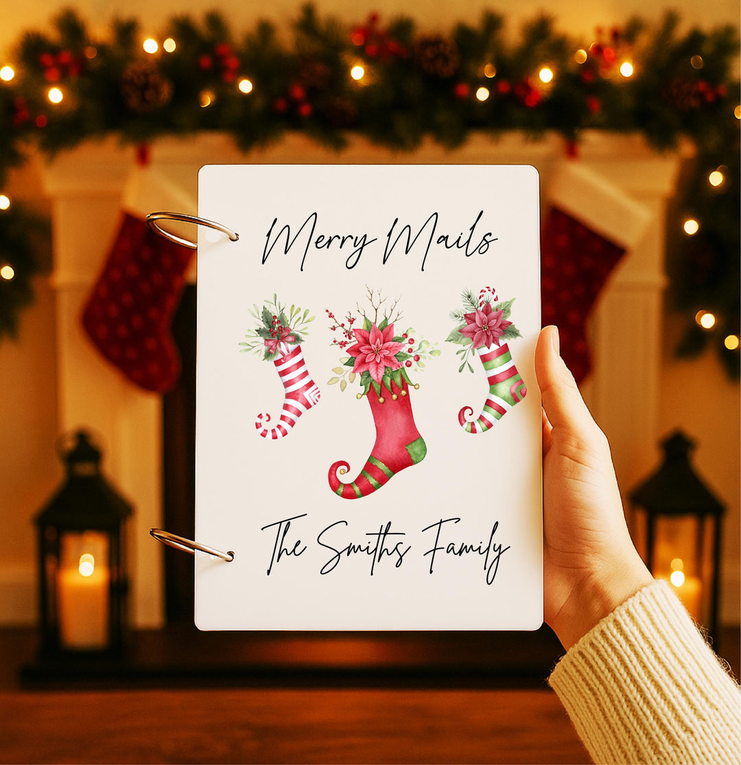 Personalized Christmas Mail Organizer Binder with Family Name – Holiday Card Keepsake Book &amp; Custom Stocking Design Gift