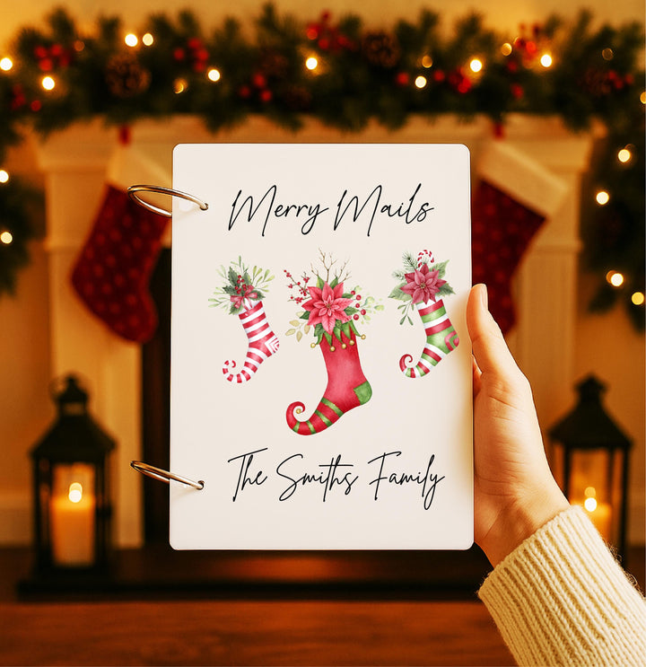Personalized Christmas Mail Organizer Binder with Family Name – Holiday Card Keepsake Book &amp; Custom Stocking Design Gift