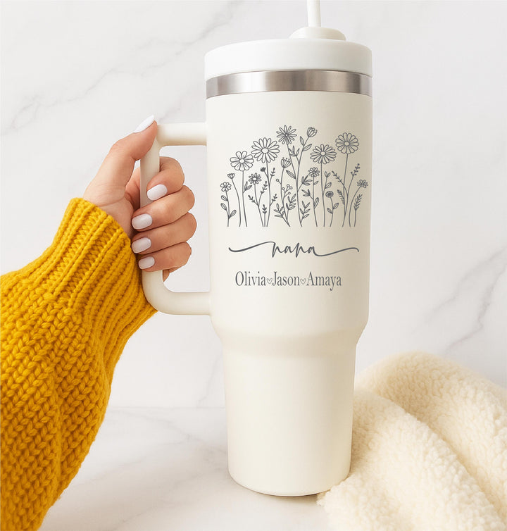 Personalized Grandma Tumbler Floral Handled Mug with Grandkids’ Names, Custom Gift for New Grandmother, Birthday or Mother’s Day Present