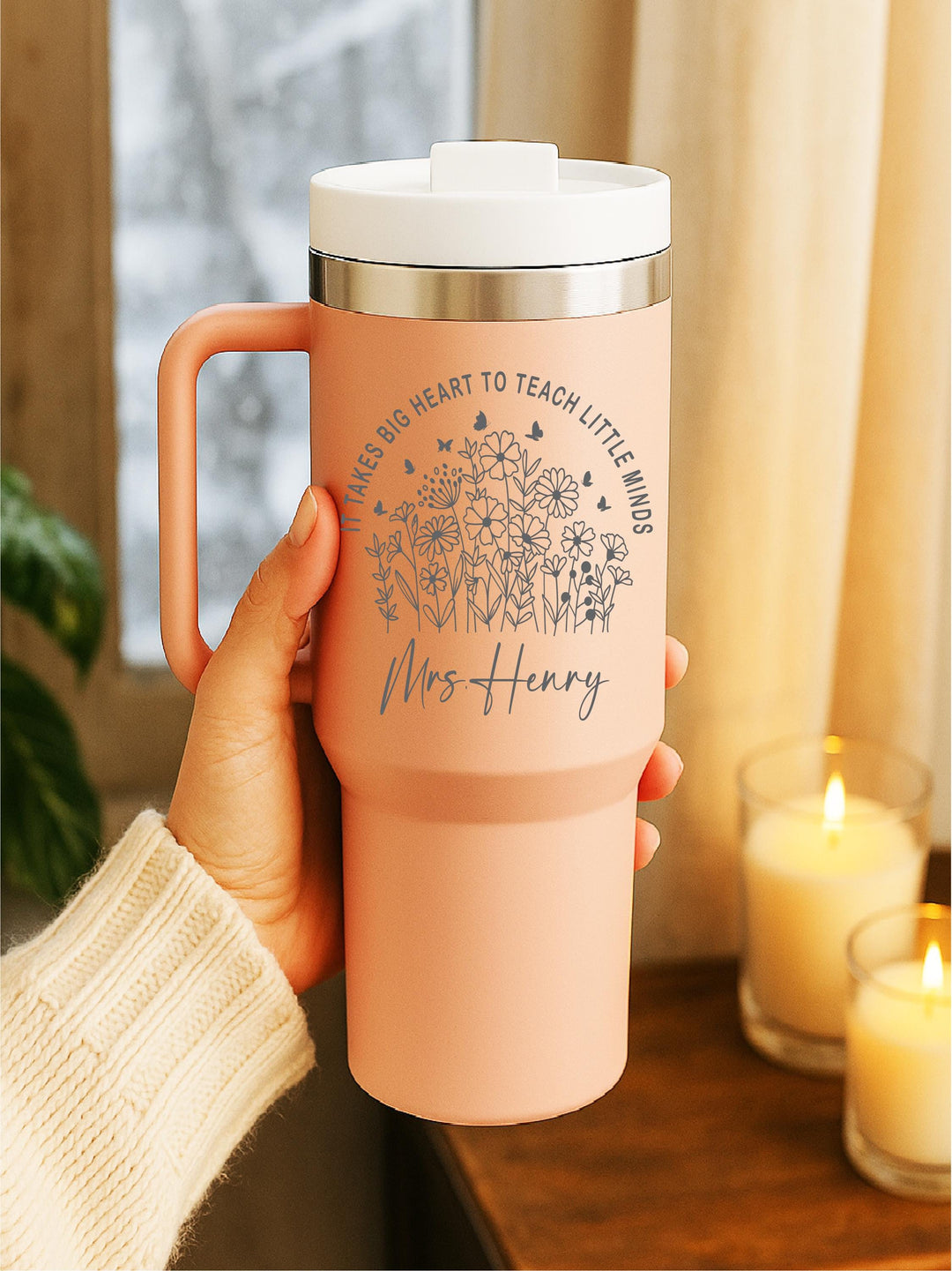Big Heart to Teach Minds Custom Teacher Appreciation Gift Personalized Teacher Tumbler – 40oz Floral Handled Mug with Name,