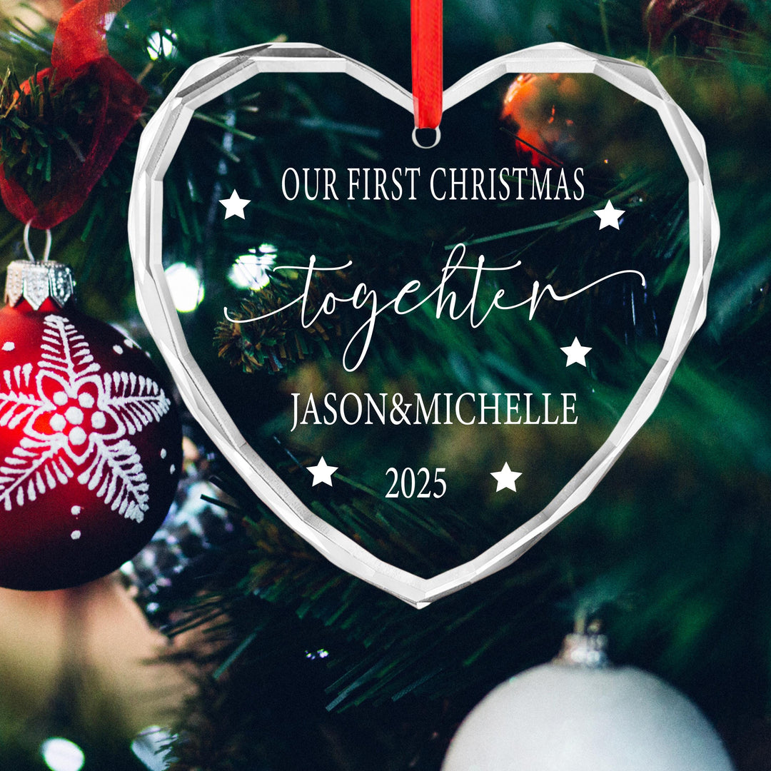 Our First Christmas Glass Ornament – Personalized Heart Ornament with Couple Names &amp; Year, Newlywed Wedding or Engagement Gift