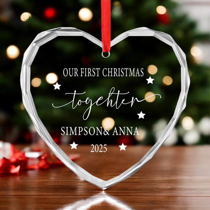 Our First Christmas Glass Ornament – Personalized Heart Ornament with Couple Names &amp; Year, Newlywed Wedding or Engagement Gift