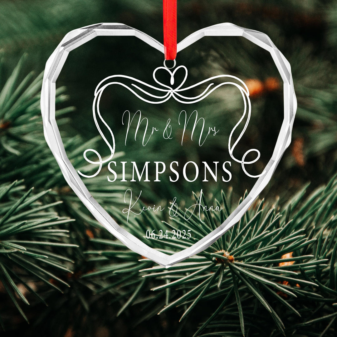 Personalized Mr & Mrs Glass Ornament – Engraved Wedding Gift