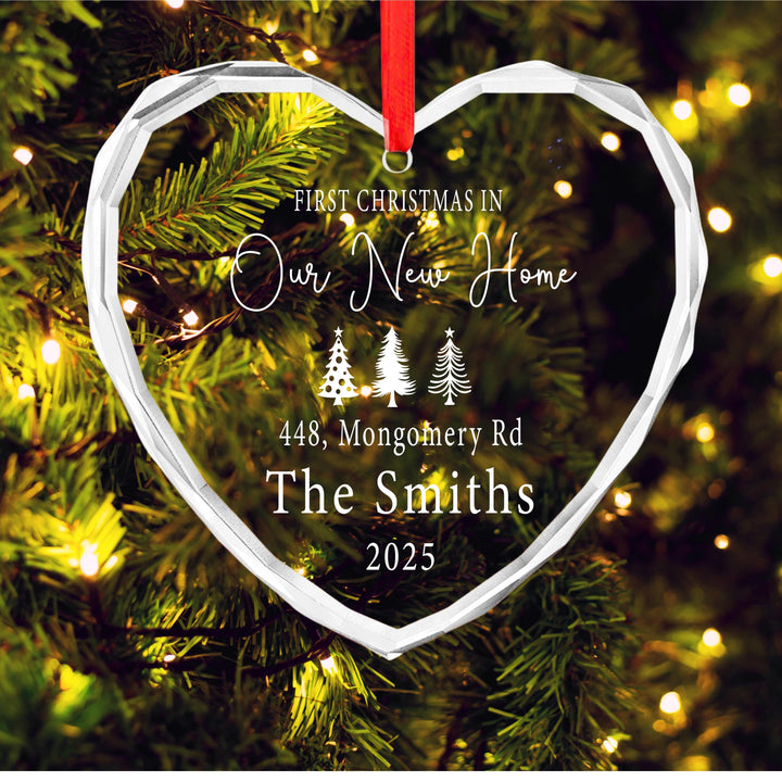 Personalized First Christmas in Our New Home Ornament – Engraved Glass Heart