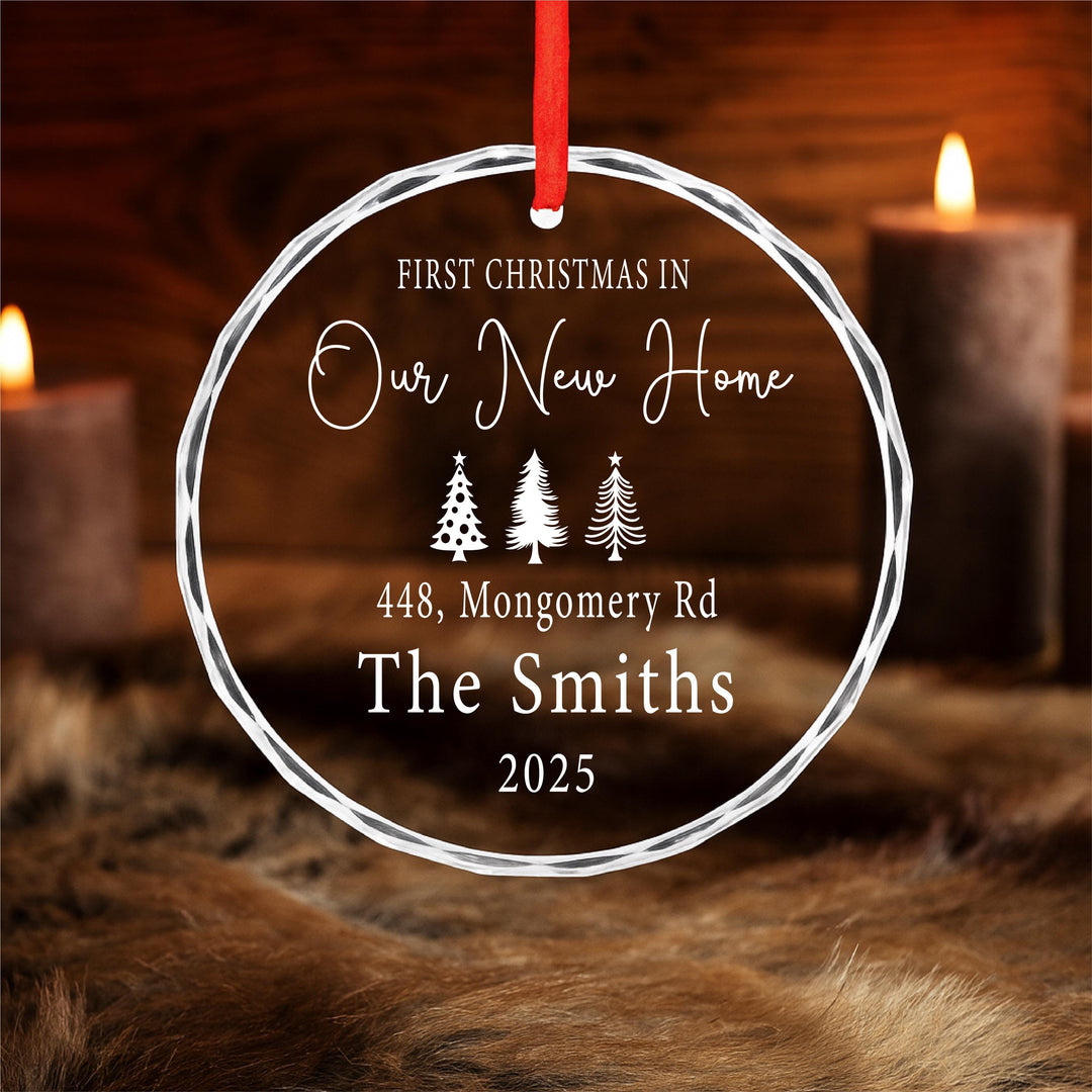 Personalized First Christmas in Our New Home Ornament – Engraved Glass Heart