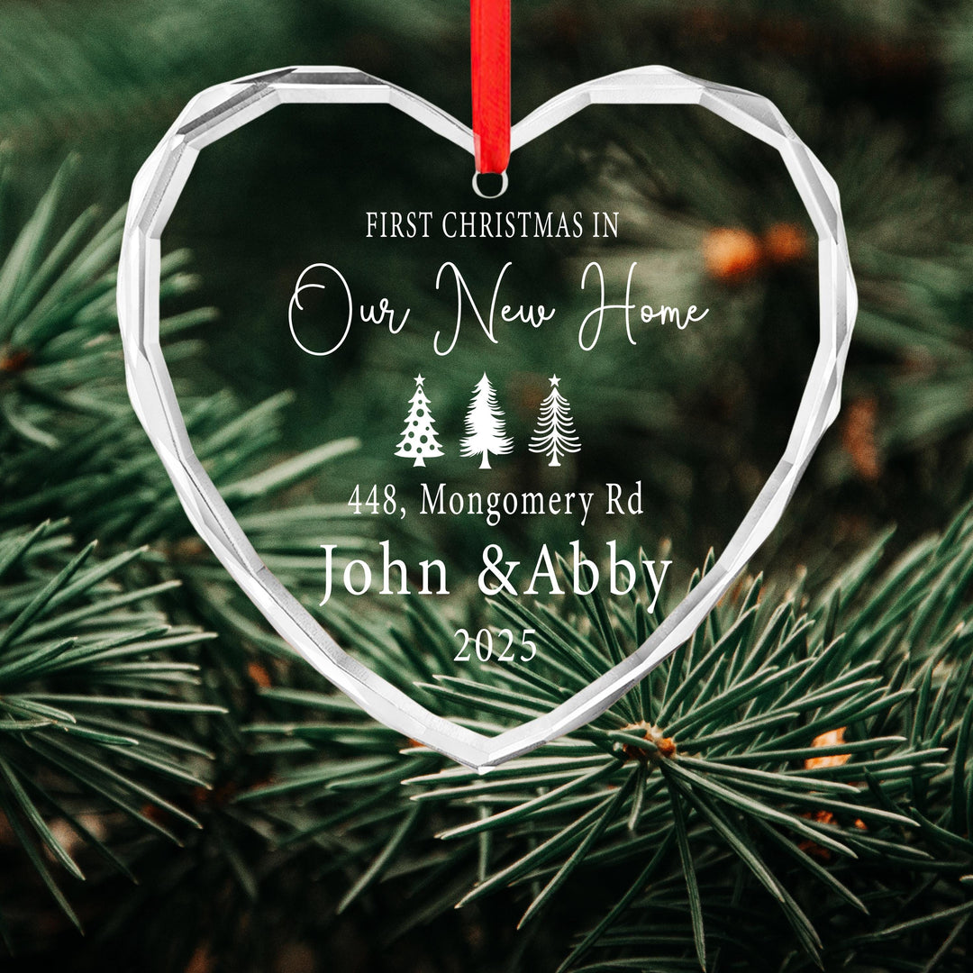 Personalized First Christmas in Our New Home Ornament – Glass Heart Keepsake