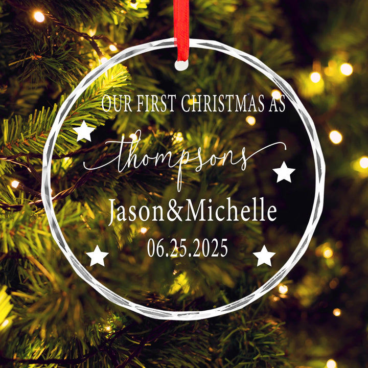 Our First Christmas Married Ornament – Personalized Heart Glass Ornament with Last Name, Couple Names &amp; Date, Newlywed Holiday Gift