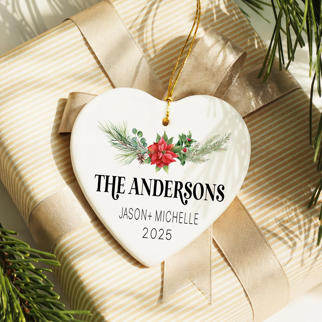 Married Christmas Ornament – Personalized Heart Ceramic Ornament with Last Name, Couple Names &amp; Year, Newlywed Holiday Keepsake Gift