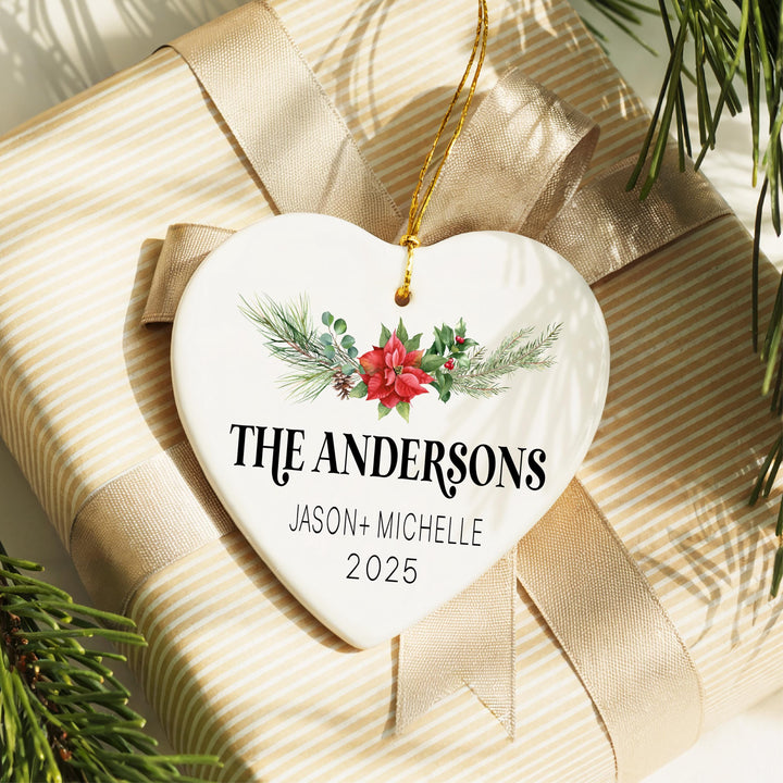 Married Christmas Ornament – Personalized Heart Ceramic Ornament with Last Name, Couple Names &amp; Year, Newlywed Holiday Keepsake Gift