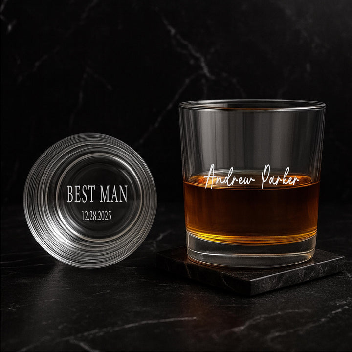 Personalized Engraved Whiskey Glass – Custom Groomsmen Gift, Best Man Bourbon Glass, Wedding Party Favor