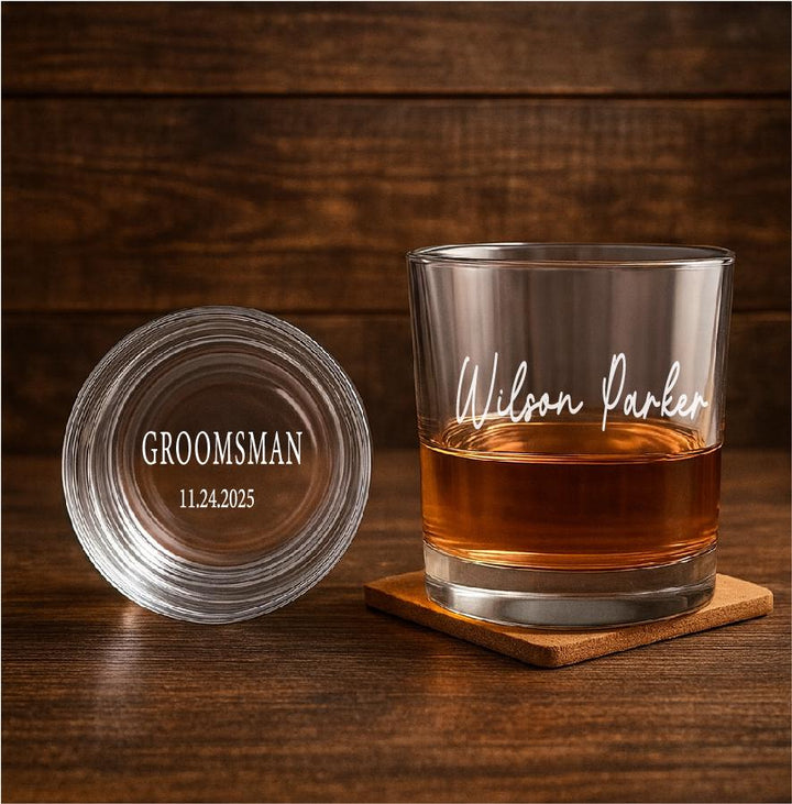 Personalized Engraved Whiskey Glass – Custom Groomsmen Gift, Best Man Bourbon Glass, Wedding Party Favor
