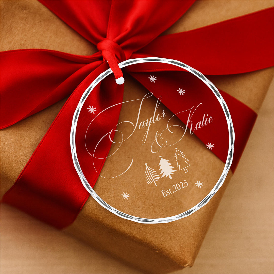 Personalized Couple Christmas Ornament 2025 • Custom Newlywed Tree Decoration • Engraved Glass Holiday Keepsake Gift