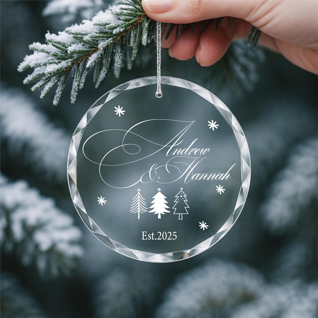 Personalized Couple Christmas Ornament 2025 • Custom Newlywed Tree Decoration • Engraved Glass Holiday Keepsake Gift
