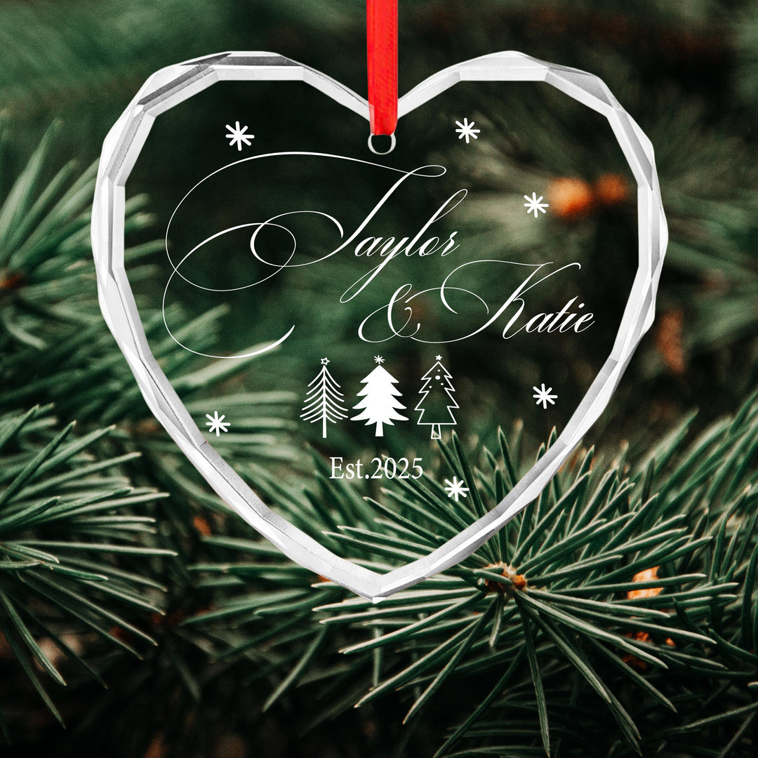 Personalized Couple Christmas Ornament 2025 • Custom Newlywed Tree Decoration • Engraved Glass Holiday Keepsake Gift