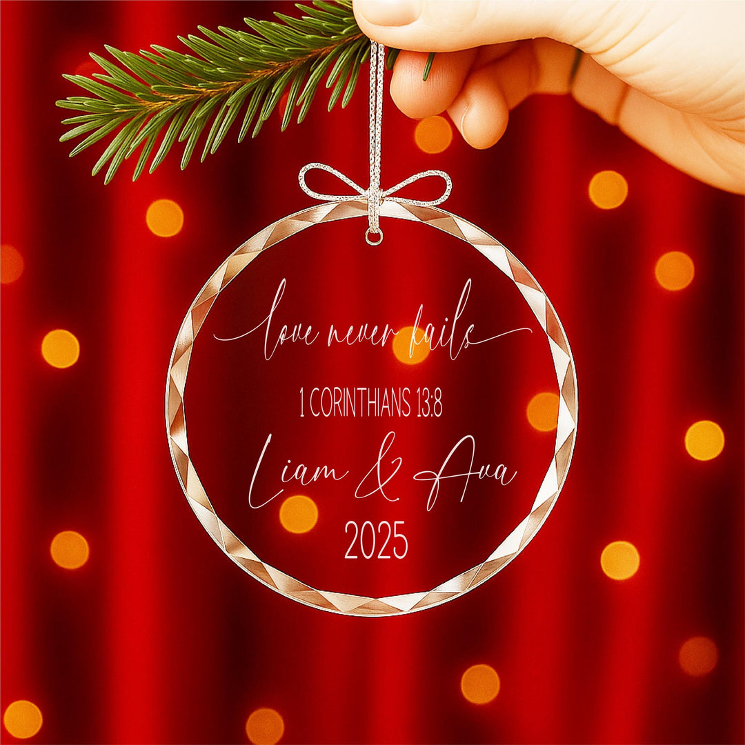 Personalized Glass Heart Christmas Ornament: Engraved Couple Names, Wedding Keepsake