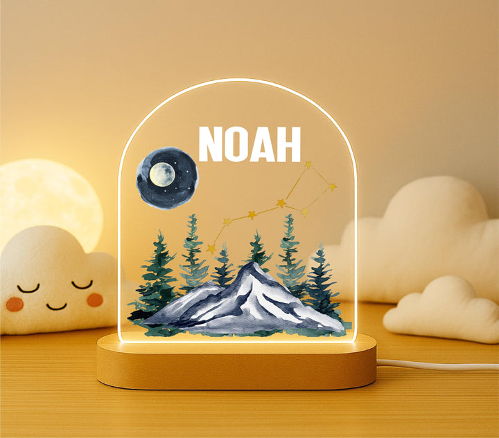 Personalized Kids Night Light – Custom Name Nursery Lamp with Mountain and Constellation Design, Woodland Bedroom Decor