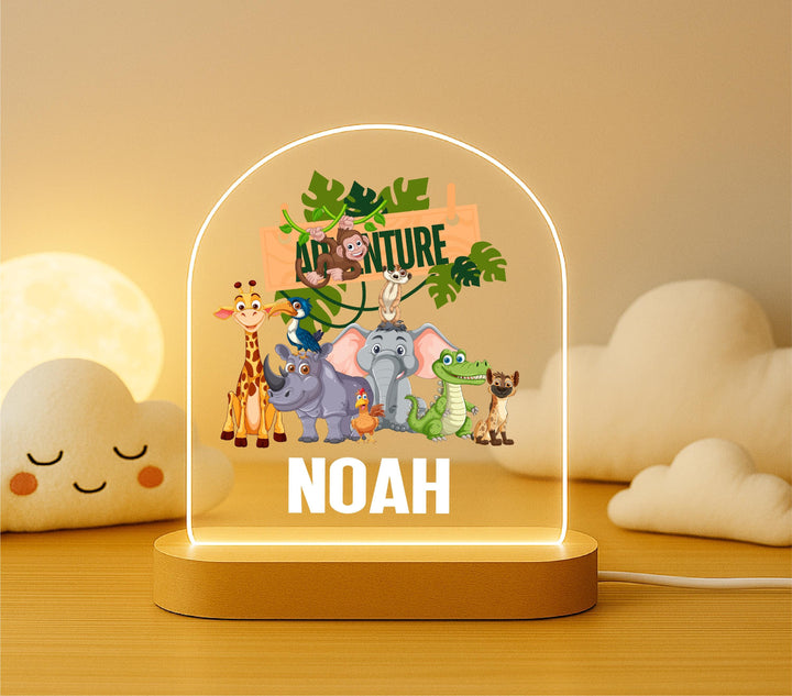 Personalized Jungle Safari Night Light – Custom Name Kids Lamp with Safari Animals, Nursery and Bedroom Decor