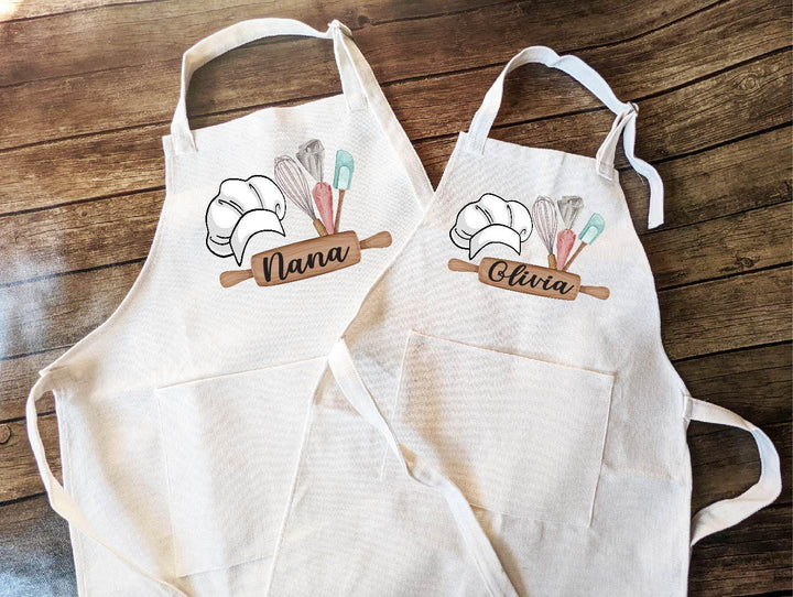 Custom Grandma and Kids Aprons with Rolling Pin and Utensils, Matching Kitchen Gift for Women Personalized Baking Apron