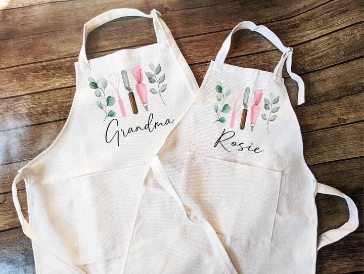 Personalized Baking Apron – Custom Grandma and Kids Aprons with Floral Utensil Design, Matching Kitchen Gift for Women