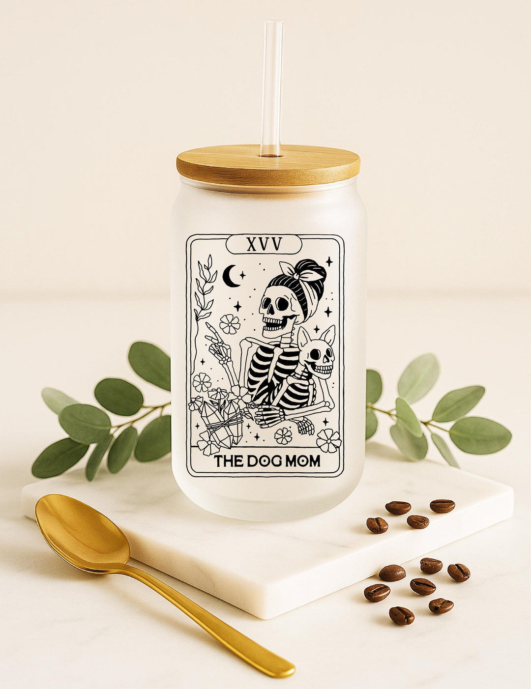 Techie Tarot Frosted Glass Tumbler: Skeleton Hands &amp; Keyboard Iced Coffee Cup