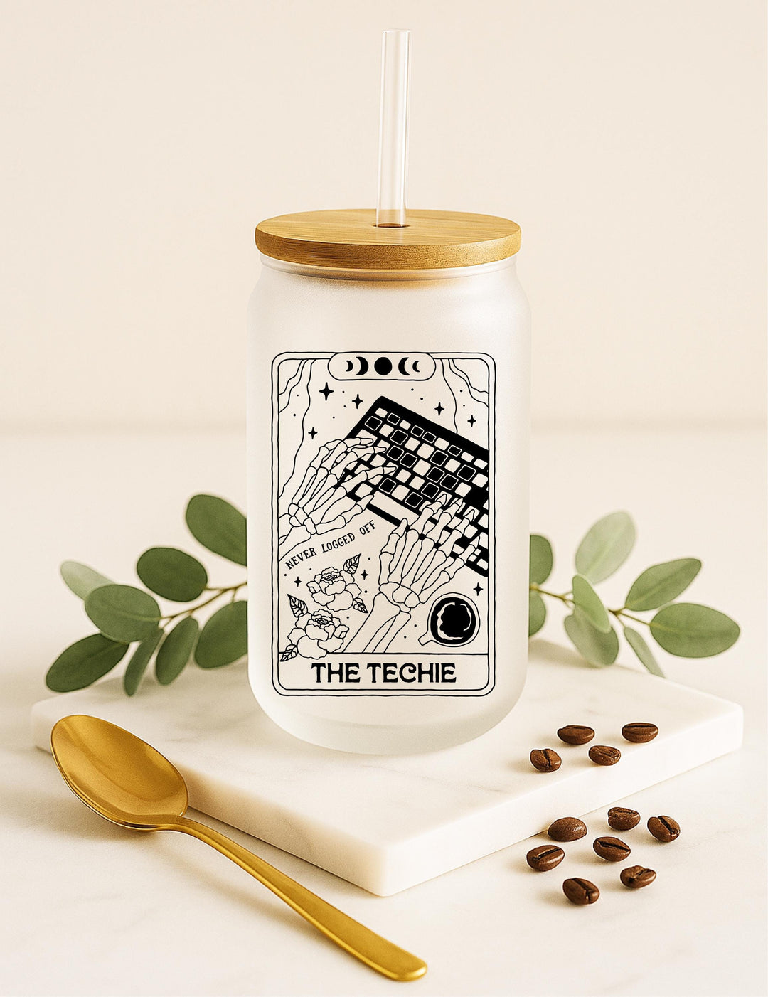 Techie Tarot Frosted Glass Tumbler: Skeleton Hands &amp; Keyboard Iced Coffee Cup