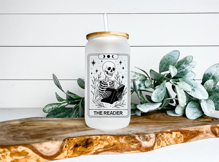 Techie Tarot Frosted Glass Tumbler: Skeleton Hands &amp; Keyboard Iced Coffee Cup