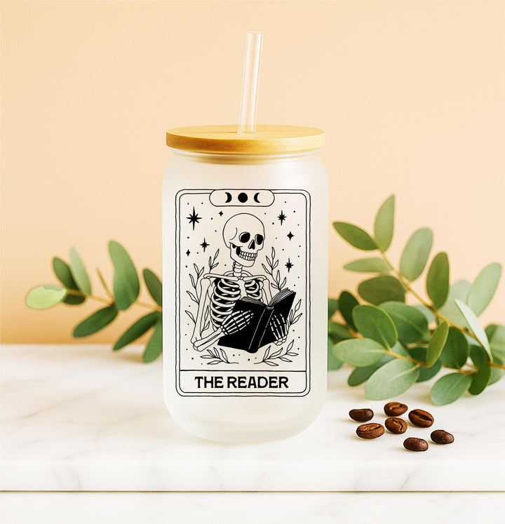 Techie Tarot Frosted Glass Tumbler: Skeleton Hands &amp; Keyboard Iced Coffee Cup