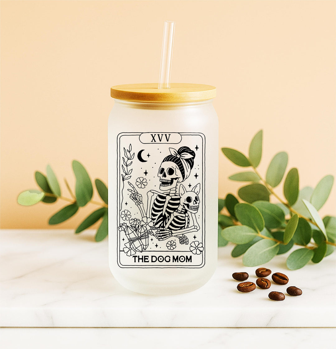 Techie Tarot Frosted Glass Tumbler: Skeleton Hands &amp; Keyboard Iced Coffee Cup