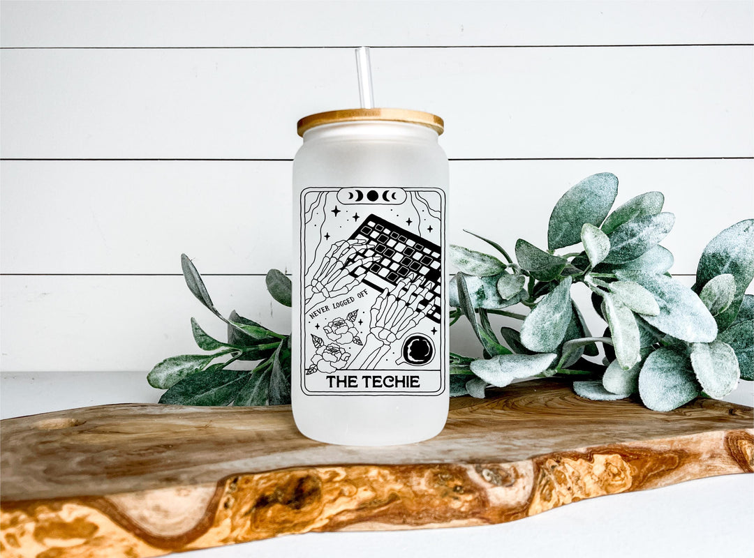 Techie Tarot Frosted Glass Tumbler: Skeleton Hands &amp; Keyboard Iced Coffee Cup