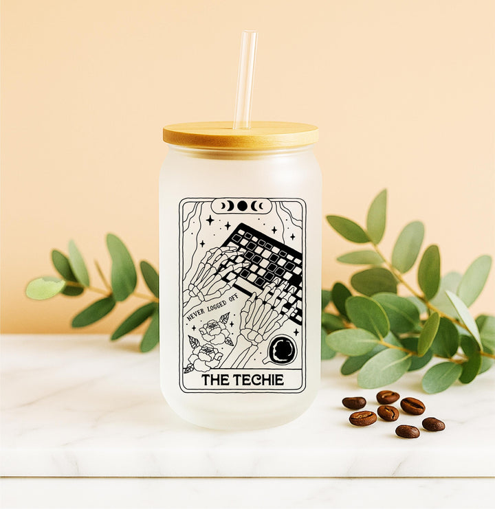 Techie Tarot Frosted Glass Tumbler: Skeleton Hands &amp; Keyboard Iced Coffee Cup