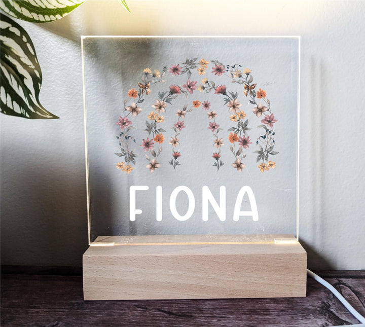 Personalized Floral Rainbow Night Light: Custom Engraved Nursery Decor