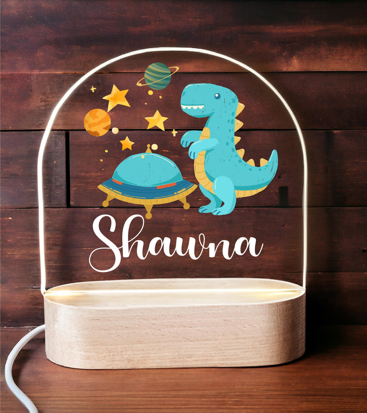 Personalized Dinosaur Space Night Light – Custom Name Lamp