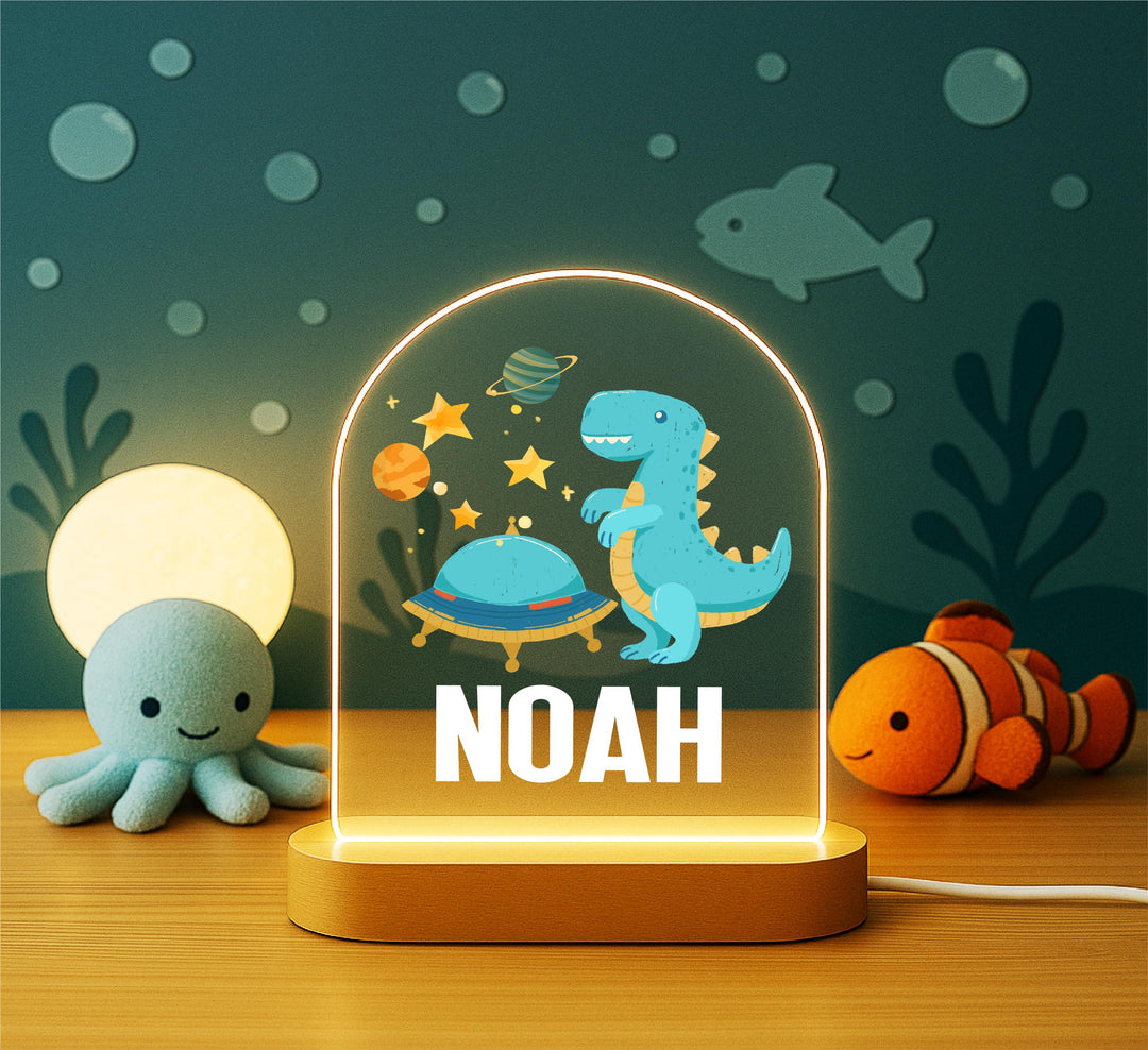 Personalized Dinosaur Space Night Light – Custom Name Lamp