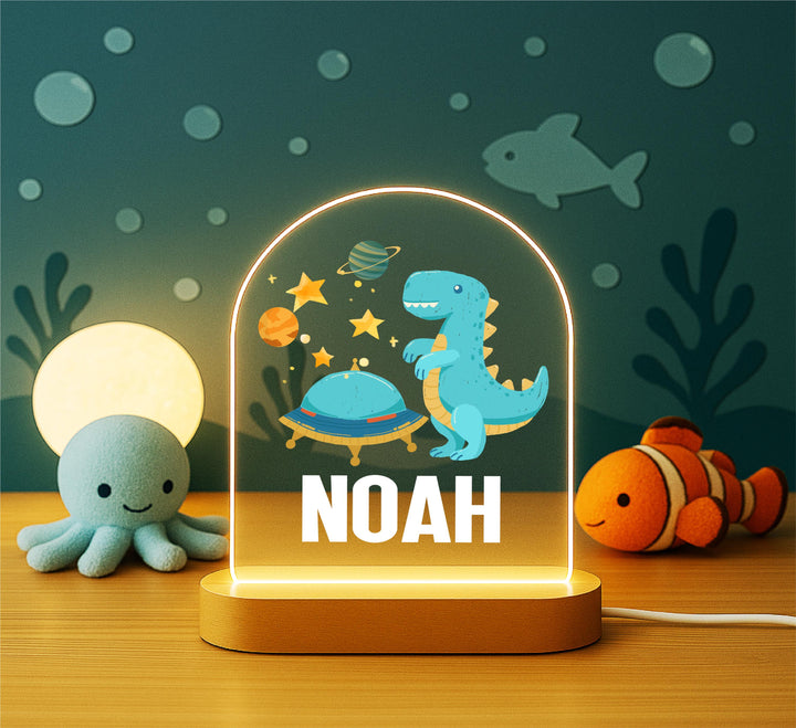 Personalized Dinosaur Space Night Light – Custom Name Lamp