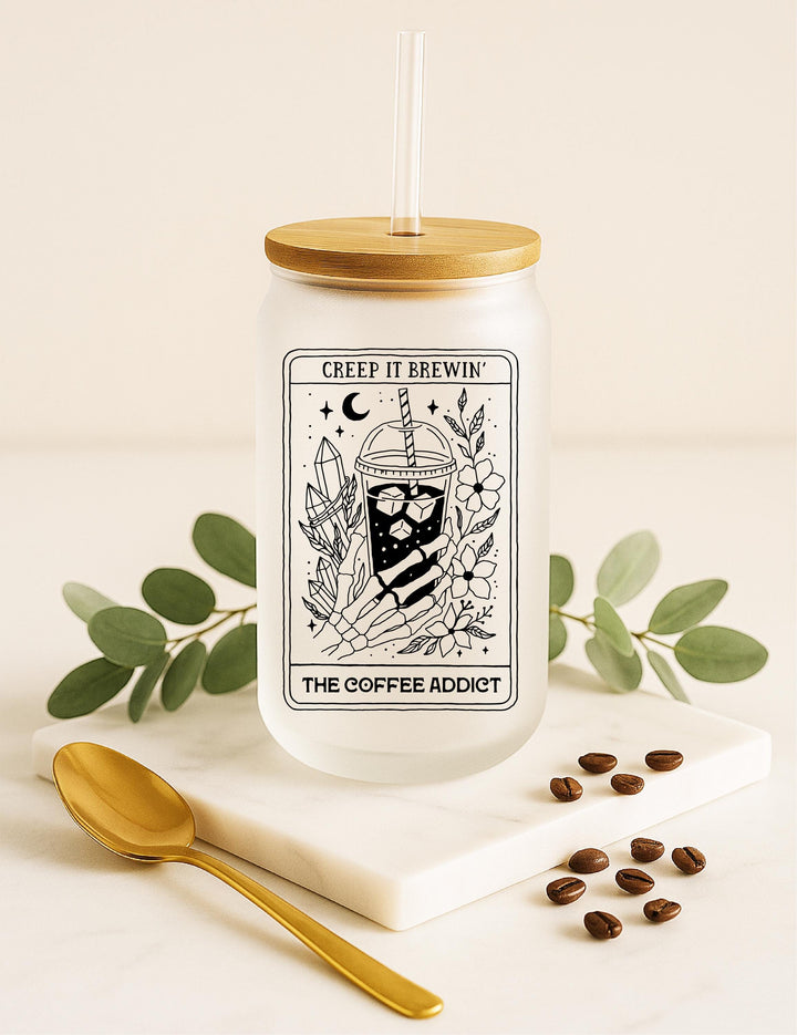 Gothic Coffee Addict Frosted Glass Tumbler: Skeleton Hand Brew Cup