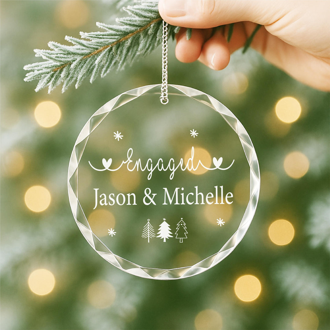 Personalized Engagement Ornament: Engraved Glass Heart, Christmas Keepsake