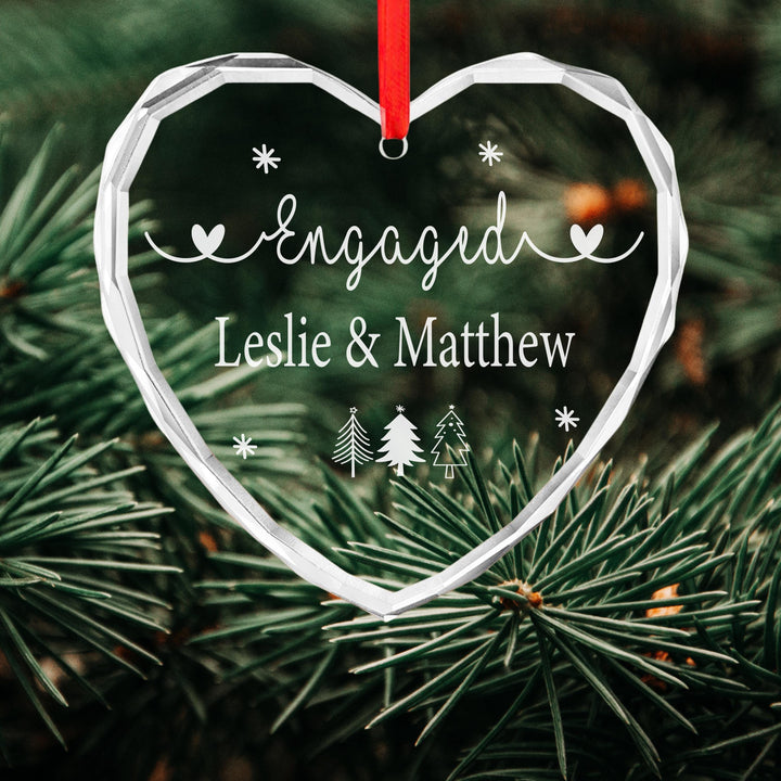 Personalized Engagement Ornament: Engraved Glass Heart, Christmas Keepsake