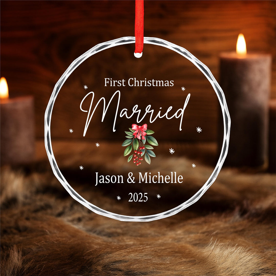 Personalized First Christmas Married Ornament: Engraved Crystal Glass Heart