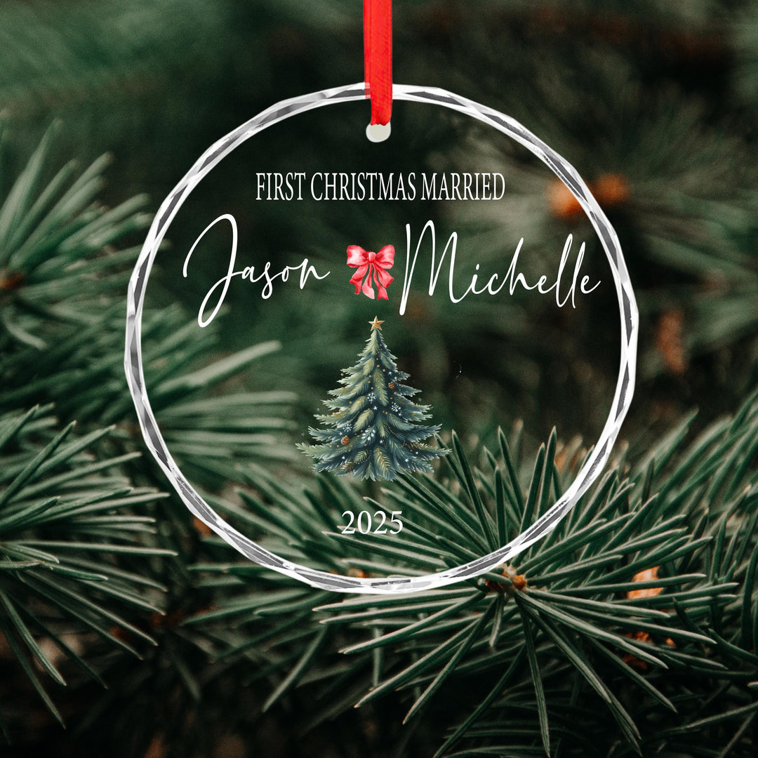 Personalized First Christmas Married Ornament: Clear Glass Newlywed Keepsake