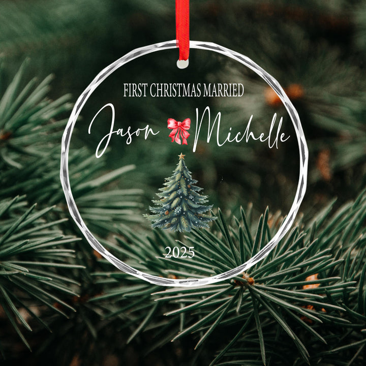 Personalized First Christmas Married Ornament: Clear Glass Newlywed Keepsake