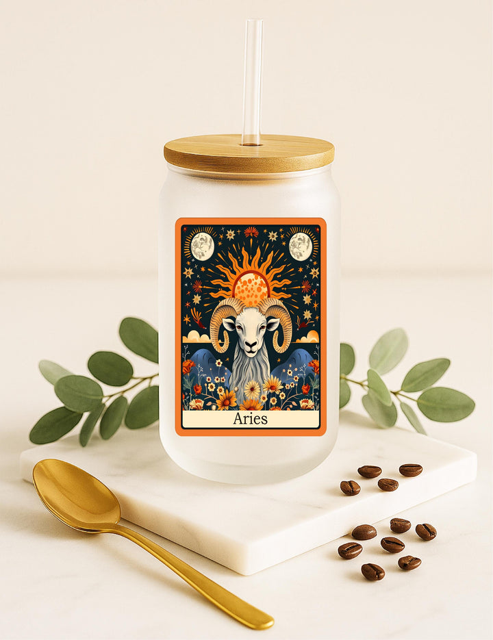 Zodiac Frosted Glass Cup with Bamboo Lid &amp; Straw | Astrology Reusable Iced Coffee Can Glass