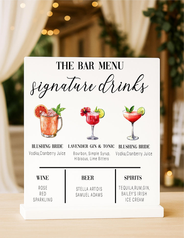 Wedding Bar Menu Sign – Signature Drinks, Wine, Beer &amp; Spirits Menu, Personalized Cocktail Bar Sign, Reception Drink Station D&#233;cor