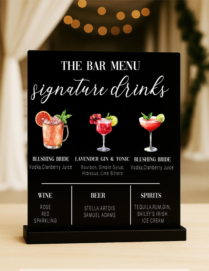 Wedding Bar Menu Sign – Signature Drinks, Wine, Beer &amp; Spirits Menu, Personalized Cocktail Bar Sign, Reception Drink Station D&#233;cor
