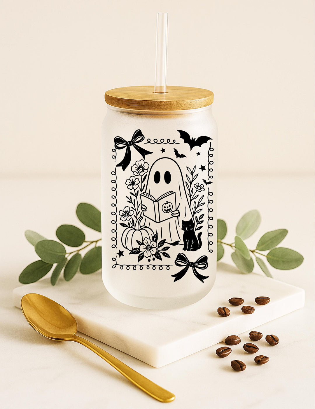 Witches Ghost Design Tumbler, Spooky Iced Coffee Glass, Witchy Gothic Fall Gift
